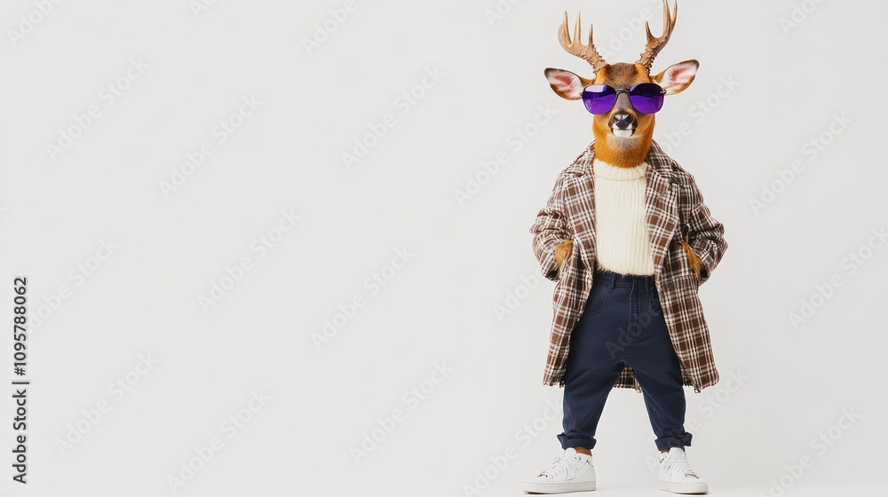 A deer wearing a plaid coat, sunglasses, and white sneakers stands against a white background. A deer wearing a plaid coat, sunglasses, and white sneakers stands against a white background.