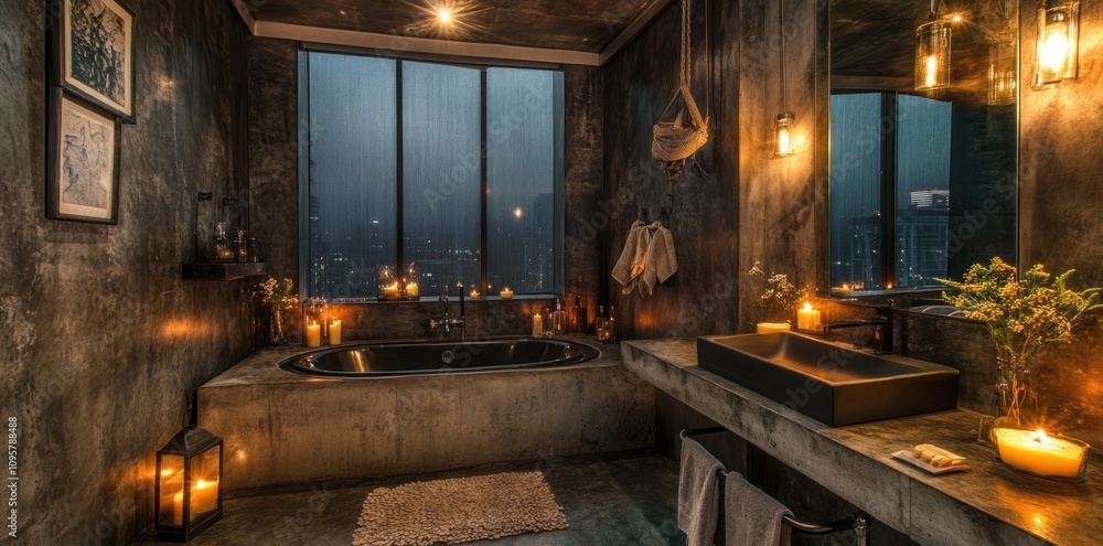 Modern bathroom with a bathtub, sink, and a large window overlooking a city at night. Modern bathroom with a bathtub, sink, and a large window overlooking a city at night.