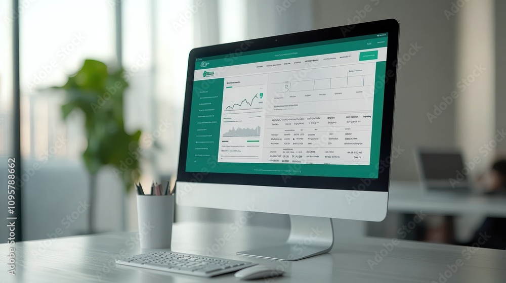 Desktop computer showing a business dashboard with graphs and charts. Desktop computer showing a business dashboard with graphs and charts.