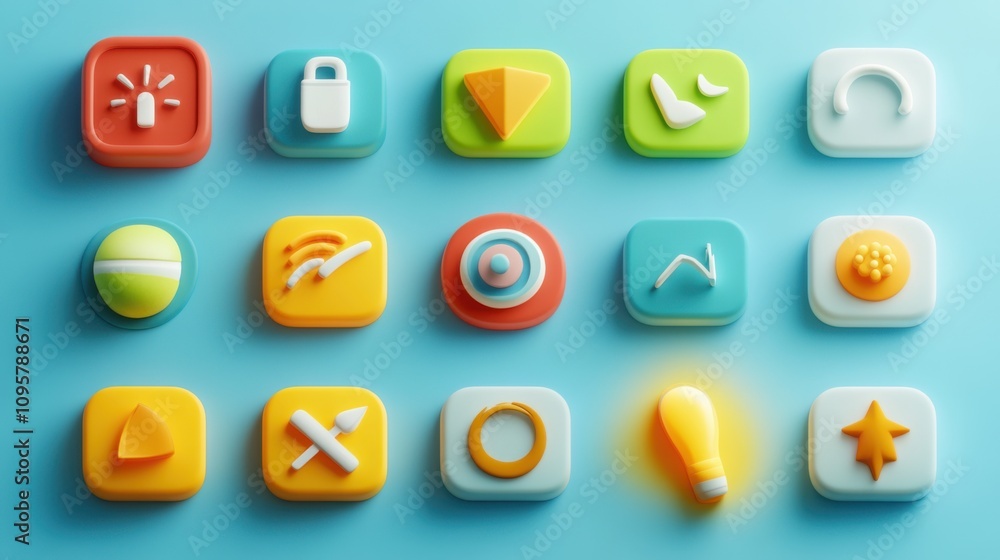 Colorful buttons with different application icons on blue background, top view. Colorful buttons with different application icons on blue background, top view.