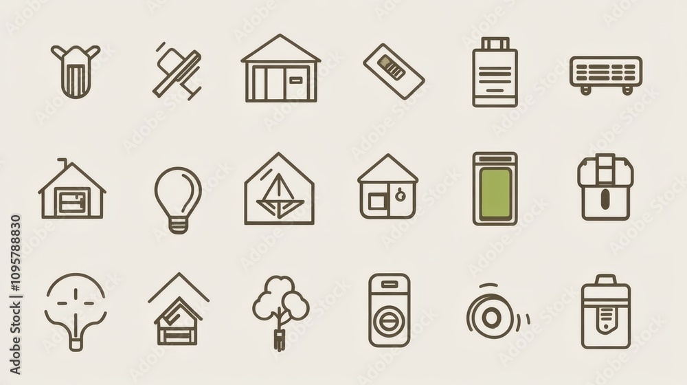 Set of home related vector line icons. Contains such Icons as Smart home, Laptop, Smartphone, Thermostat, Battery and more. Set of home related vector line icons. Contains such Icons as Smart home, Laptop, Smartphone, Thermostat, Battery and more.