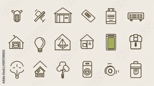 Set of home related vector line icons. Contains such Icons as Smart home, Laptop, Smartphone, Thermostat, Battery and more.