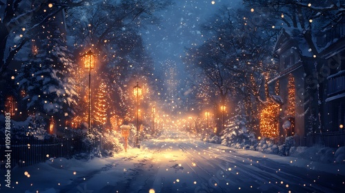 Serene winter night with snow, glowing street lamps, and festive decorations.