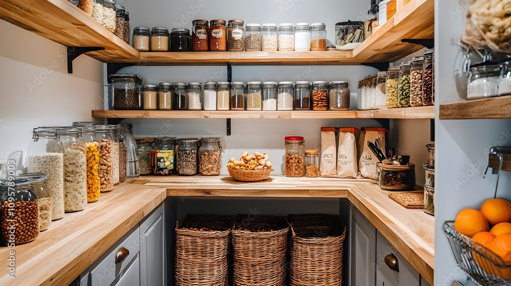 Well-organized pantry with various containers and wooden shelves. Well-organized pantry with various containers and wooden shelves.