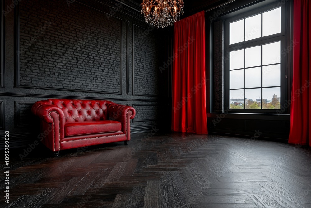 Fototapeta premium A Gothic-style apartment with dark wooden furniture, deep red curtains, and ornate chandeliers casting moody light