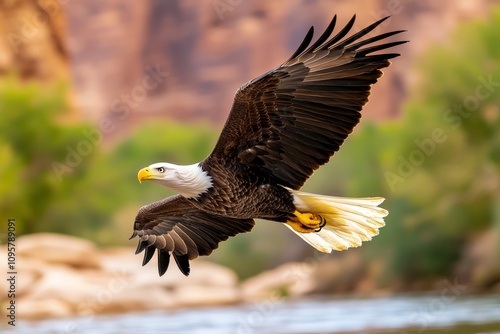 A bald eagle soaring over a vast canyon, with its sharp eyes scanning the ground below photo