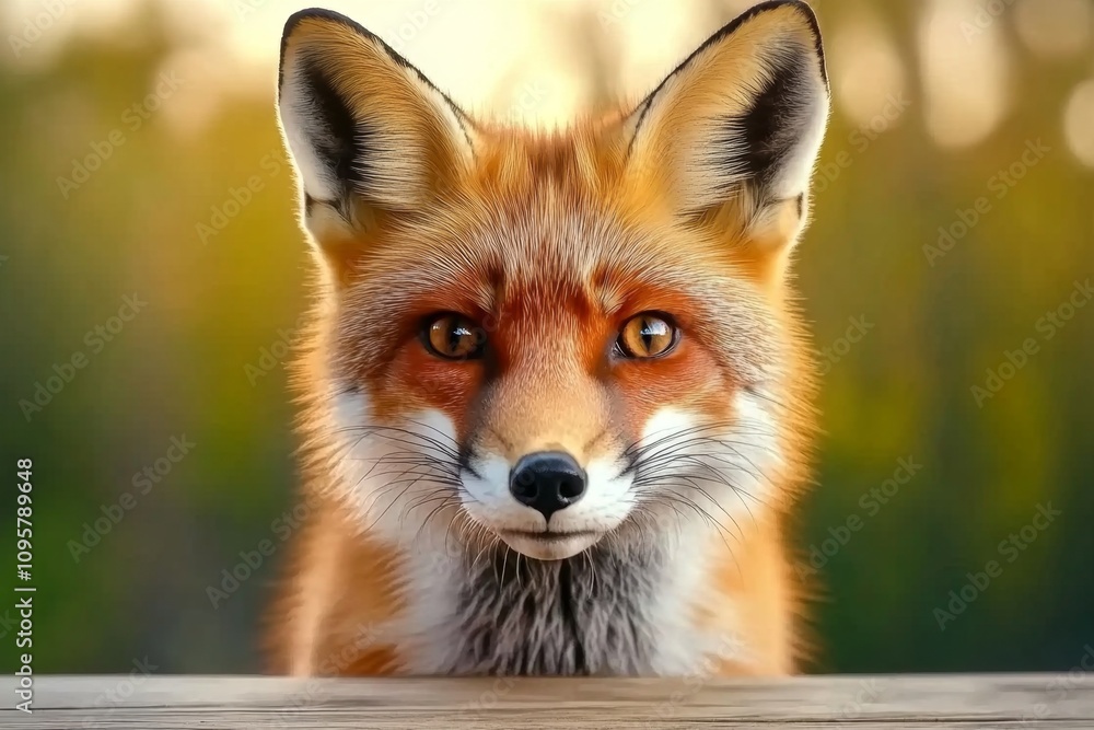 Fototapeta premium A close-up of a red fox with its fur glowing in the golden light of sunset, staring intently at the viewer