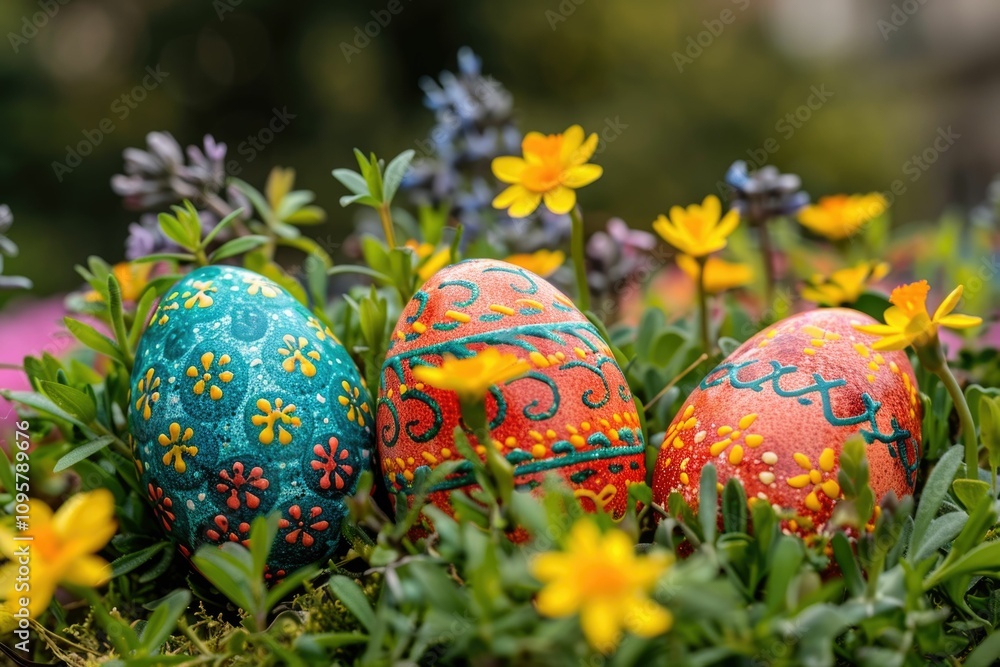 Three colorful easter eggs in a garden Landscape for Easter Three colorful easter eggs in a garden Landscape for Easter