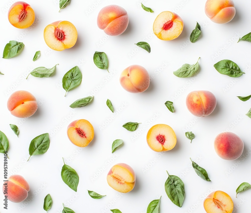 Flat lay of whole and halved peaches and basil leaves on white background. Flat lay of whole and halved peaches and basil leaves on white background.