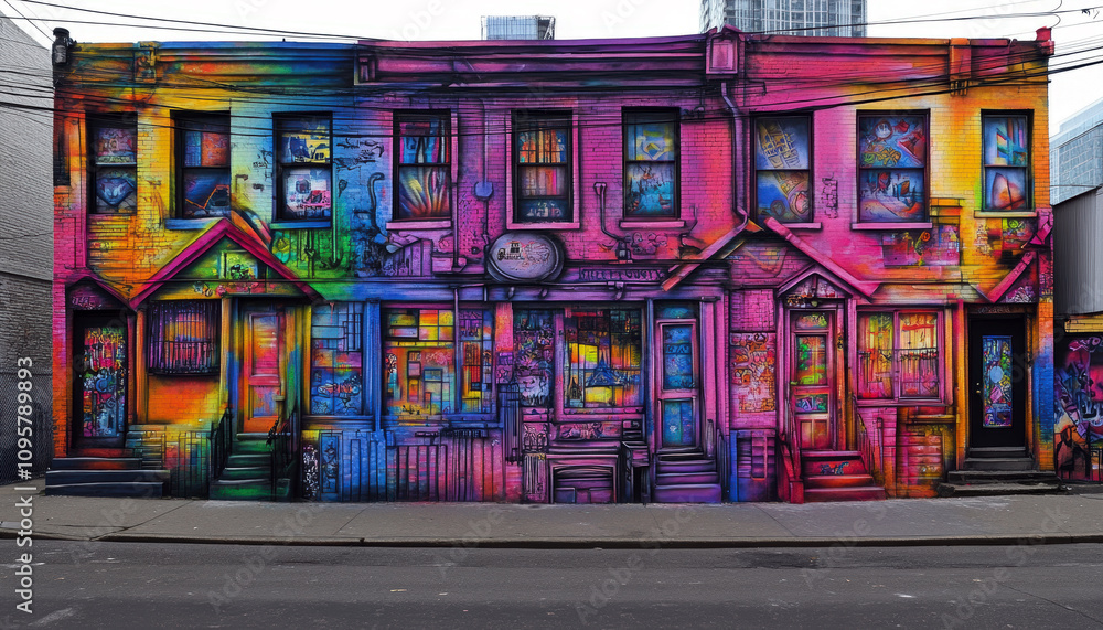 Fototapeta premium A stunning mural transforms a city block into a vibrant canvas, showcasing intricate details and a burst of colors that breathe life into the urban landscape.