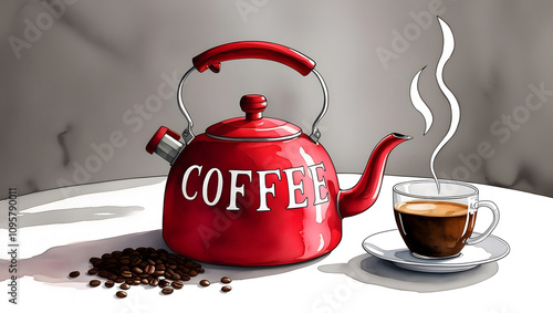 Watercolor, Red coffee pot and cup. Red kettle with text Coffee, Isolated white background. Elements for menu, hot drink. Coffee Hand draw icons.