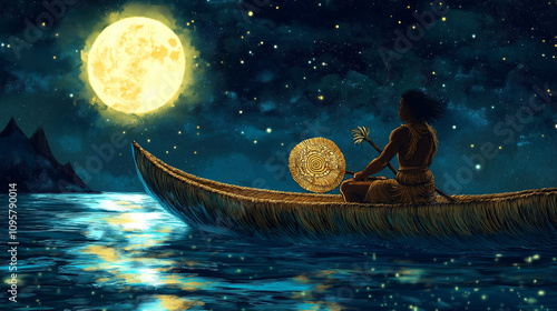 Polynesian Navigator on Outrigger Canoe under Starry Night photo