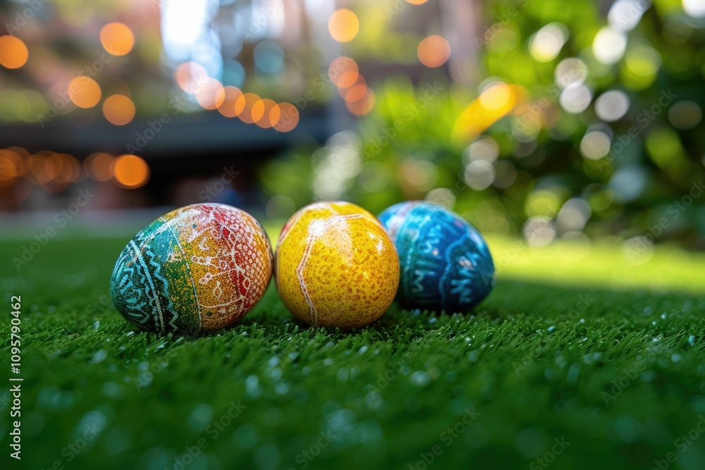 Three colorful Easter eggs on a green meadow for Easter in the garden Three colorful Easter eggs on a green meadow for Easter in the garden
