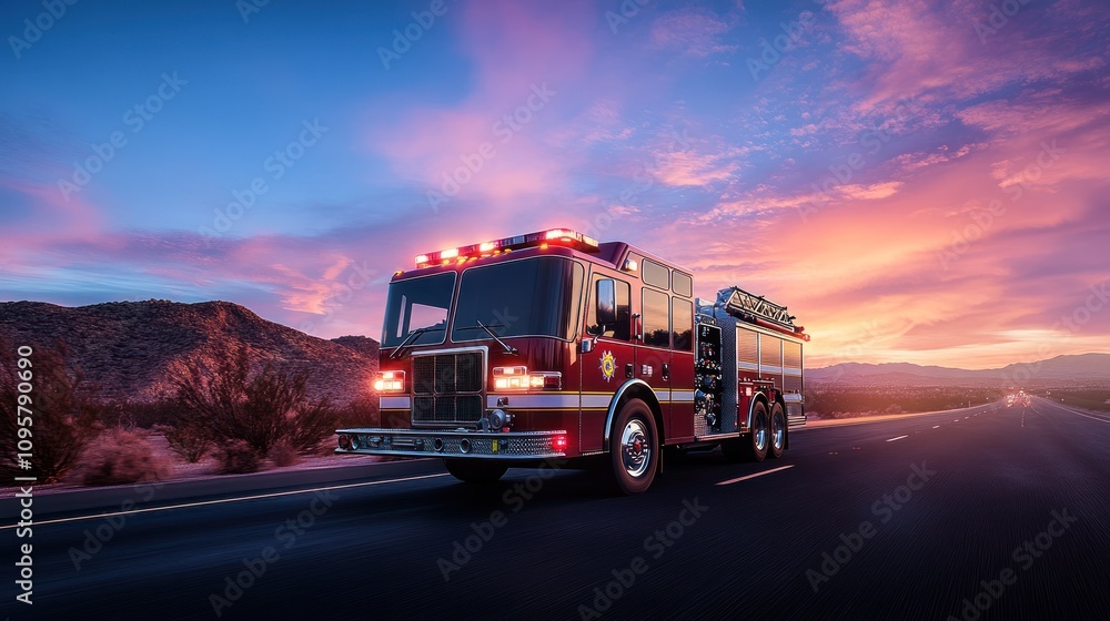 A red fire truck with flashing lights drives on an empty highway at dusk. A red fire truck with flashing lights drives on an empty highway at dusk.