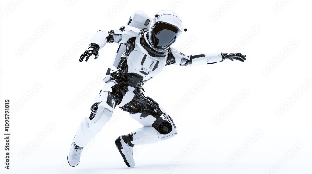 Futuristic astronaut in a white spacesuit floating in mid-air. Futuristic astronaut in a white spacesuit floating in mid-air.