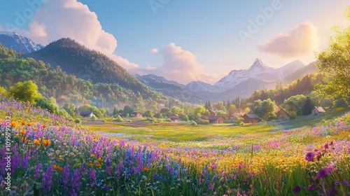 A picturesque mountain village nestled amidst a vibrant wildflower meadow  bathed in the soft glow of sunrise.