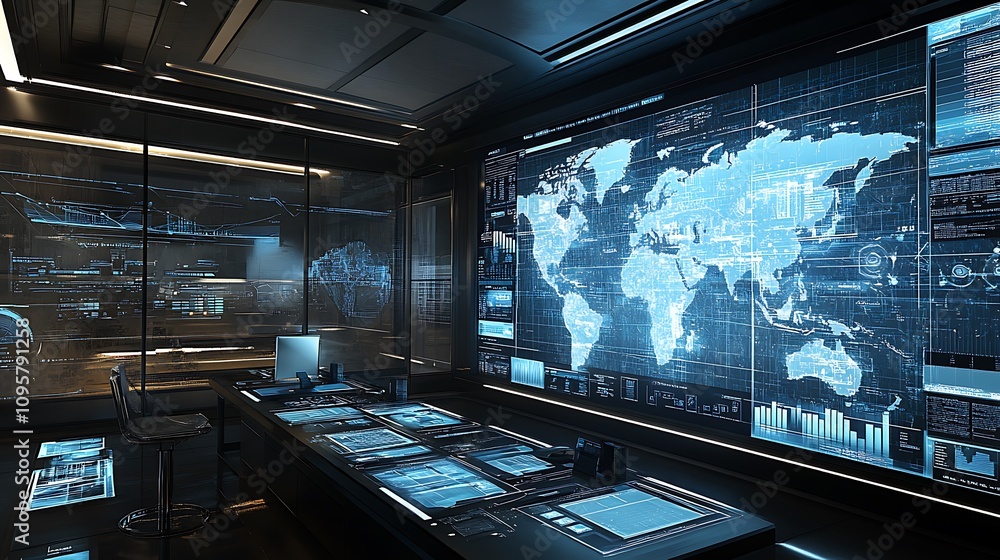 A high-tech control room featuring a world map and data displays for monitoring purposes. A high-tech control room featuring a world map and data displays for monitoring purposes.