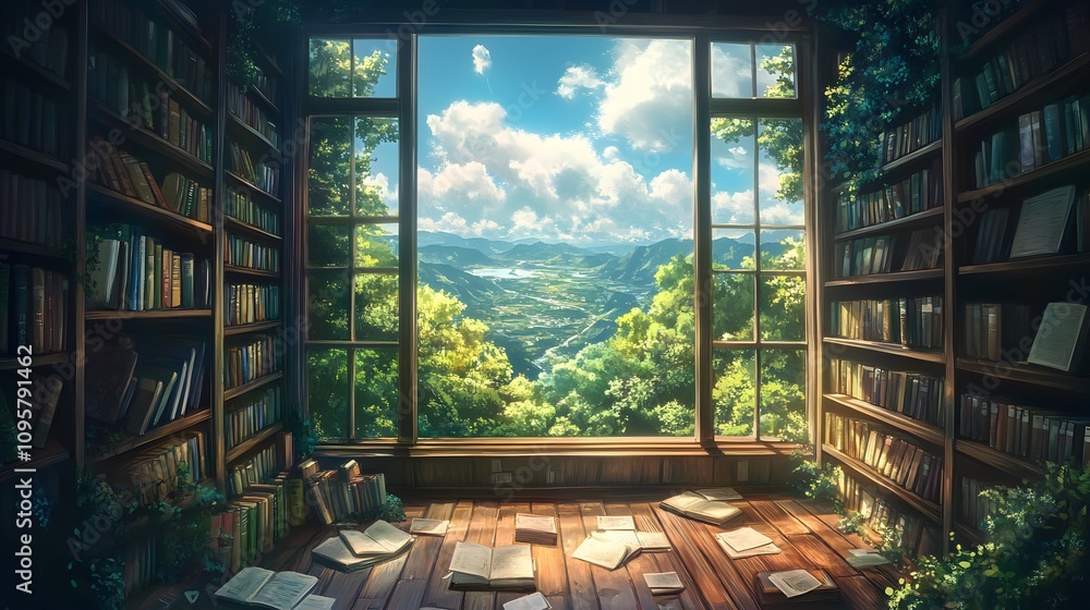 A serene library with books, open windows, and a stunning view of nature. A serene library with books, open windows, and a stunning view of nature.
