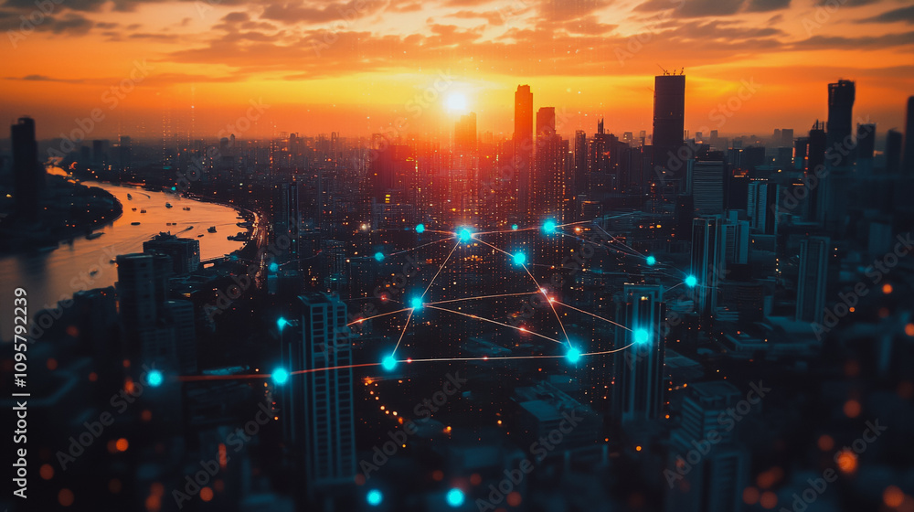 Fototapeta premium Smart digital city with connection Innovation network reciprocity over the sunset cityscape Concept of future wireless digital city and social media networking systems that connects business people
