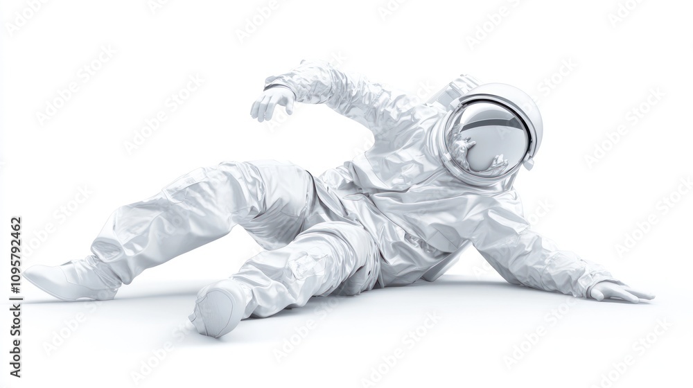 A white astronaut figure lays on its back with outstretched arms and legs, as if it has fallen. A white astronaut figure lays on its back with outstretched arms and legs, as if it has fallen.