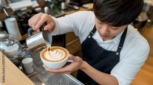 A barista skillfully pouring milk to create intricate latte art in a cup of coffee at a cafe.