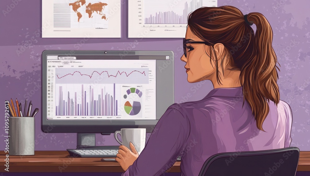 The girl is working on a laptop. On the laptop screen are graphics, economics and business. Remote work, online. a girl with a cup of coffee.