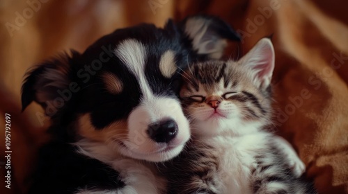 A black and white puppy cuddles with a tabby kitten on a brown blanket.