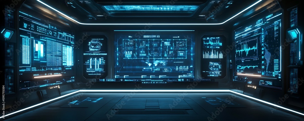 Futuristic control room with glowing interfaces and data displays. Futuristic control room with glowing interfaces and data displays.