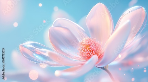 A delicate pink flower with iridescent petals and a soft blue background.