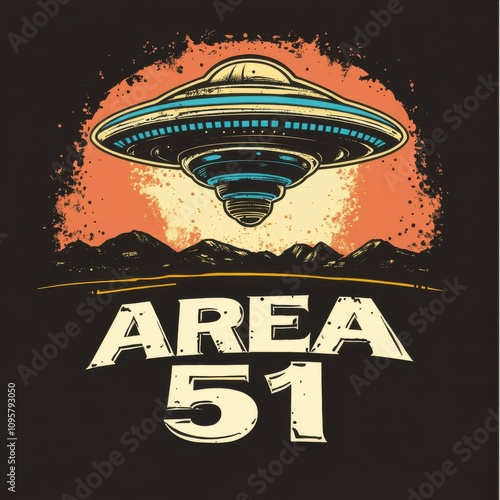 A retro-style illustration of a UFO over a desert landscape with the text 