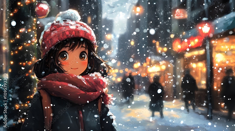 Cheerful girl in a red beanie smiles in a snowy, festive street scene. Cheerful girl in a red beanie smiles in a snowy, festive street scene.