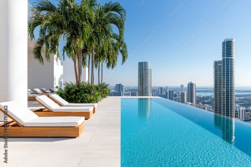 Fototapeta premium A rooftop pool on an apartment building, with lounge chairs and city views stretching into the distance