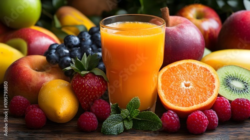 A vibrant glass of orange juice surrounded by fresh fruits.