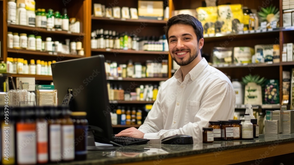 Smiling male worker in a health food store. Smiling male worker in a health food store.