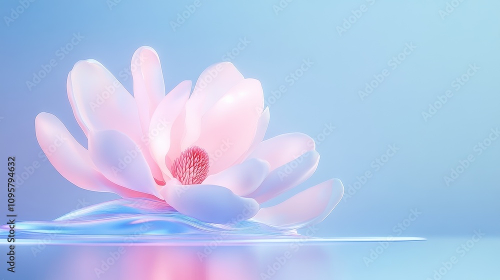 A delicate pink flower with soft petals emerges from a shimmering blue liquid against a gradient blue background. A delicate pink flower with soft petals emerges from a shimmering blue liquid against a gradient blue background.