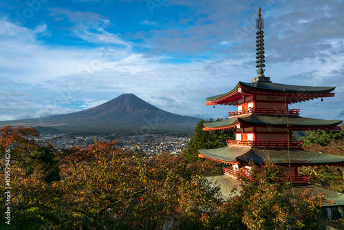 Mount Fuji from the observation deck in the Arakura yama Sengen Park against the background of the Chureito Pagoda on a sunny autumn day, Fujiyoshida, Yamanashi Prefecture, Japan