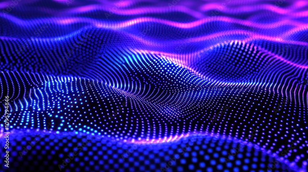 Abstract blue and purple wave of particles on a black background. Abstract blue and purple wave of particles on a black background.