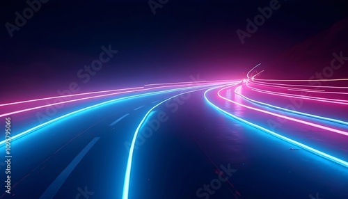 Neon light road effect. Curved blue and pink LED light traces, emitting laser stripes on a dark background.