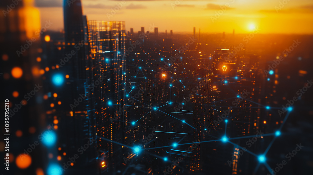 Obraz premium Smart digital city with connection Innovation network reciprocity over the sunset cityscape Concept of future wireless digital city and social media networking systems that connects business people