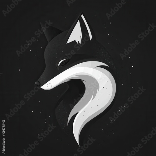 A stylized black and white fox silhouette against a dark background with white speckles. photo