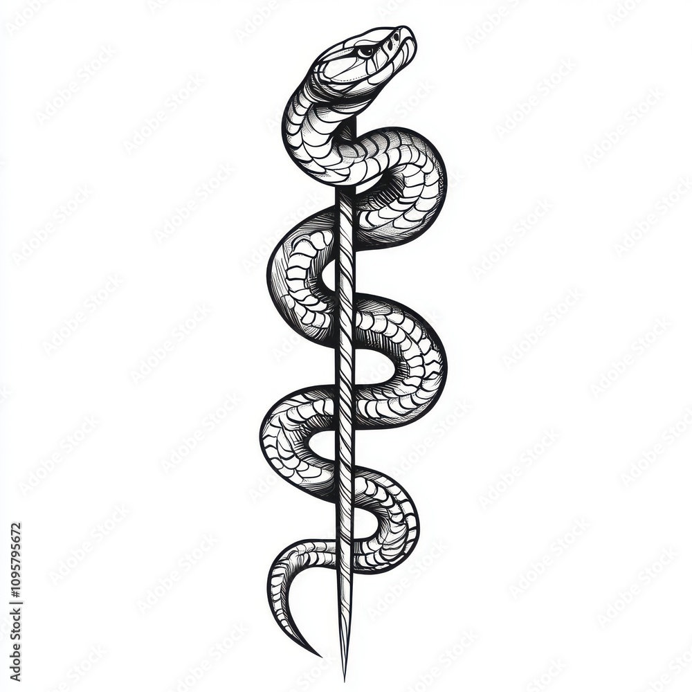 A black and white illustration of a snake wrapped around a staff. (1) A black and white illustration of a snake wrapped around a staff. (1)