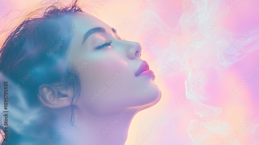 A bright toned digital portrait of a reflective woman gazing upward surrounded by subtle pastel hues and abstract light forms that seamlessly blend with minimalist architectural details A bright toned digital portrait of a reflective woman gazing upward surrounded by subtle pastel hues and abstract light forms that seamlessly blend with minimalist architectural details