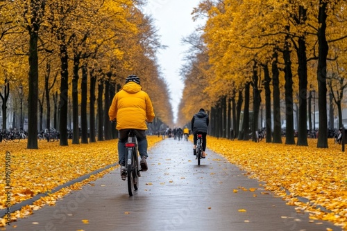 Amsterdamâ€™s Vondelpark in autumn, with fallen leaves covering the paths and people biking through the park photo