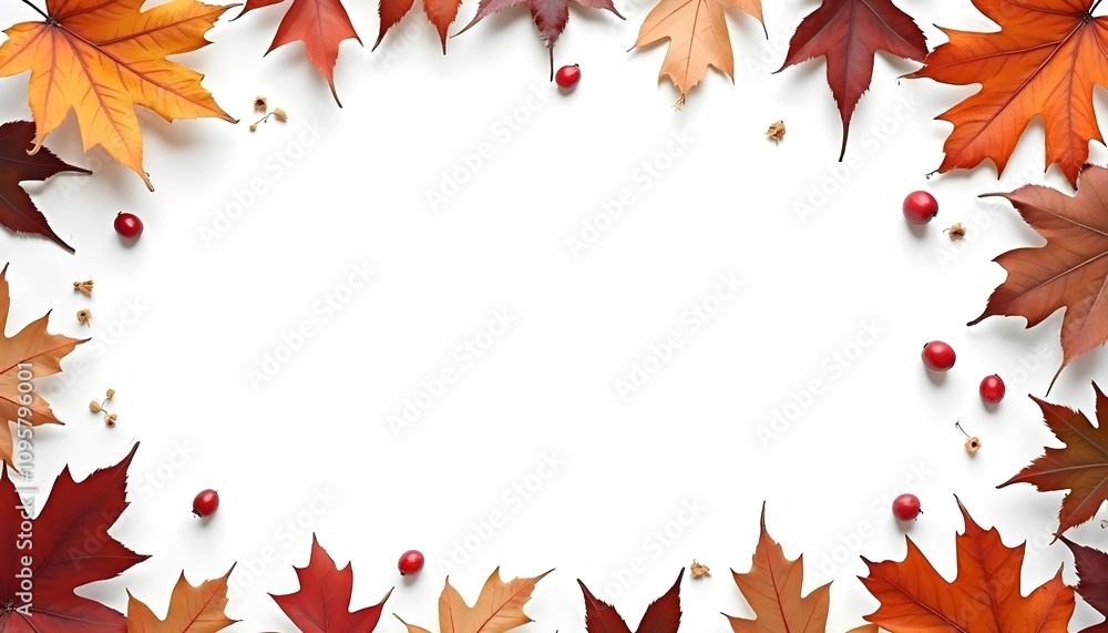Autumn composition of leaves, flowers, and red berries on a white background Autumn composition of leaves, flowers, and red berries on a white background