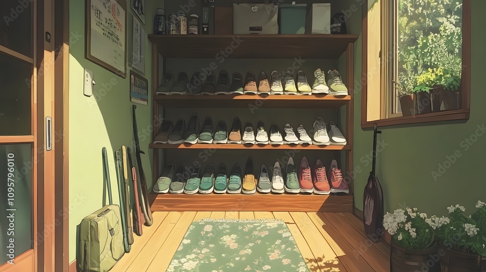A cozy entryway featuring a variety of shoes on shelves with sunlight streaming in. A cozy entryway featuring a variety of shoes on shelves with sunlight streaming in.
