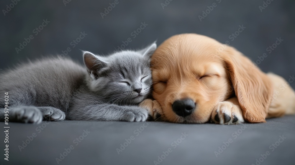 A gray kitten and a golden retriever puppy sleep peacefully together. A gray kitten and a golden retriever puppy sleep peacefully together.