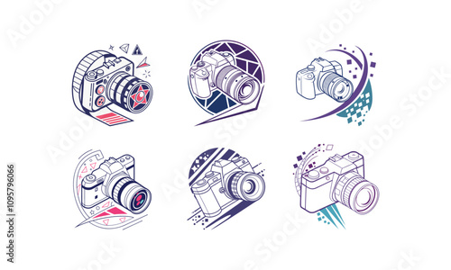 Set of stylish camera icon illustrations with abstract geometric elements and creative designs