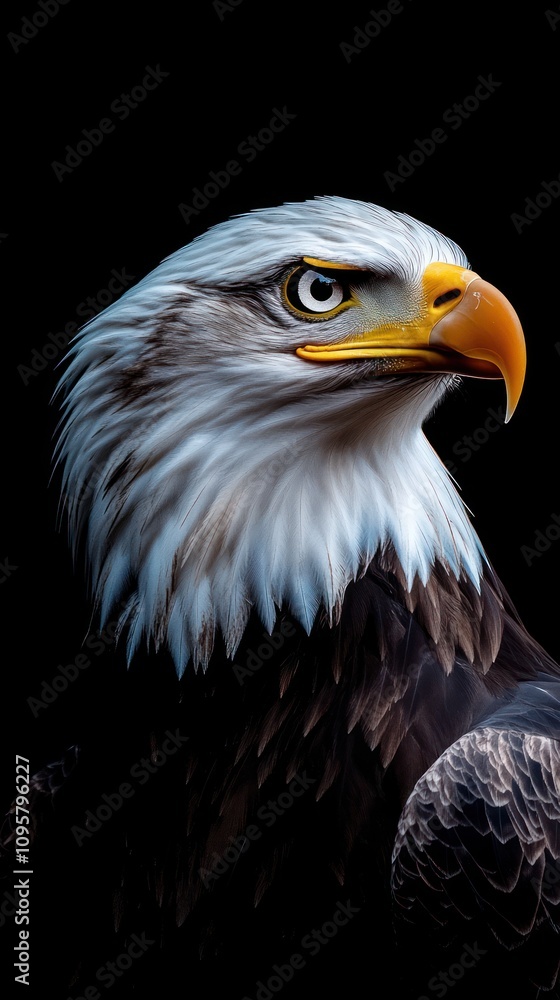 Close-up portrait of an American Bald Eagle with a black background, showing its sharp eyes, yellow beak, and white head feathers. Close-up portrait of an American Bald Eagle with a black background, showing its sharp eyes, yellow beak, and white head feathers.