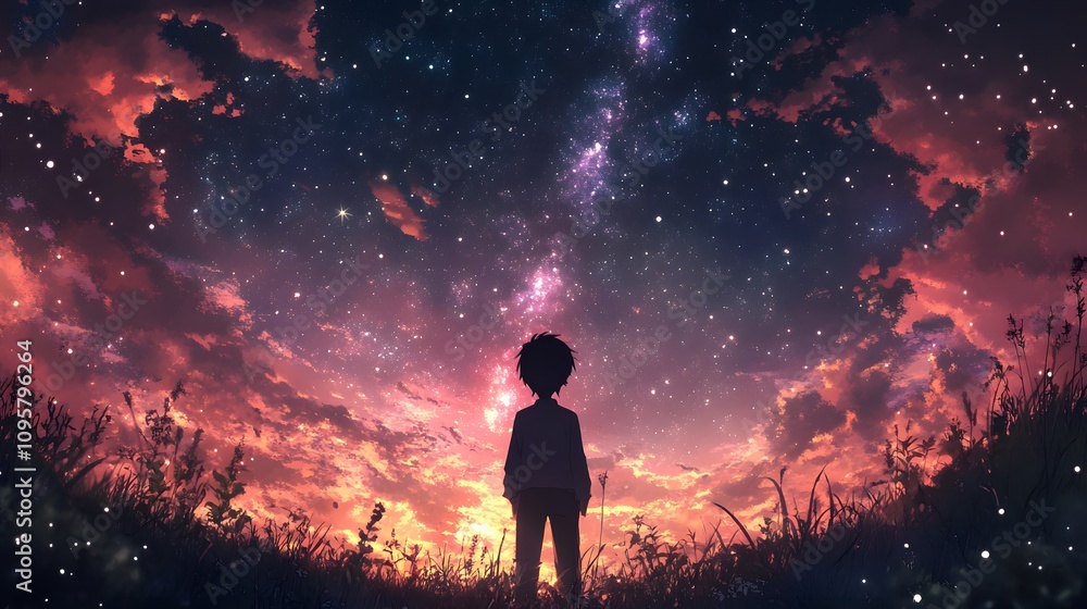 A young boy gazes at a starry sky during twilight, filled with vibrant colors. A young boy gazes at a starry sky during twilight, filled with vibrant colors.