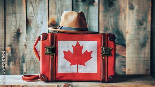 Canada, retro suitcase with hat and canadian attractions. photo